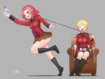  bad_id bad_pixiv_id black_skirt blonde_hair boots braid closed_eyes collar commentary couch cup darjeeling girls_und_panzer grey_background holding jacket knee_boots leash long_sleeves military military_uniform miniskirt motion_blur multiple_girls open_mouth pillow pleated_skirt red_eyes red_hair rosehip running short_hair signature sitting skirt smile st._gloriana's_military_uniform standing teacup uniform yoshiwa_tomo 