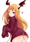  ass blonde_hair blush commentary_request granblue_fantasy han_(jackpot) heart long_hair orange_eyes pointy_ears shingeki_no_bahamut sleeves_past_wrists smile solo sweater vampy wings 