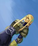  agrias_oaks armor blonde_hair blue_background braid corset cowboy_shot dutch_angle expressionless final_fantasy final_fantasy_tactics gloves knight long_hair looking_at_viewer parted_lips pauldrons sachiwo sidelocks simple_background single_braid solo standing 