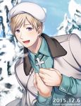  2015 axis_powers_hetalia beret birthday blonde_hair blush cross cross_necklace dated finland_(hetalia) finnish hakonoyama happy_birthday hat jewelry male_focus necklace purple_eyes solo translated 