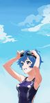  arms_up bad_id bad_pixiv_id blue_eyes blue_hair cloud competition_swimsuit day goggles goggles_on_head grin highres kamishiro_sui one-piece_swimsuit rr_(suisse200) short_hair sky smile solo swimsuit tokyo_7th_sisters water wet 