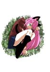  animal_ears bad_id bad_pixiv_id cat_ears cat_tail fetal_position from_above full_body grass green_eyes hashimoto_nyaa highres homare_eito kneehighs looking_at_viewer multicolored_hair osomatsu-san pink_hair plantar_flexion pleated_skirt school_uniform skirt solo streaked_hair tail 