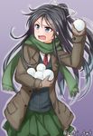  angry anti_(untea9) black_hair black_vest blue_eyes brown_coat brown_gloves coat commentary cowboy_shot gloves green_scarf green_skirt hair_ribbon highres kantai_collection katsuragi_(kantai_collection) long_hair long_sleeves looking_to_the_side messy_hair necktie open_clothes open_coat open_mouth pleated_skirt ponytail purple_background ribbon scarf shirt simple_background skirt snow snowball snowball_fight solo sweat tears twitter_username vest white_ribbon white_shirt winter winter_clothes 