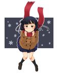  bangs blunt_bangs coat falling hatsuka hatsuyuki_(kantai_collection) kantai_collection long_hair looking_at_viewer red_scarf scarf school_uniform skirt snowflakes solo 