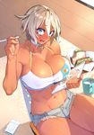  23_(real_xxiii) abs ahoge_girl_(23) blonde_hair blue_eyes blush breasts cellphone choker cleavage coffee_mug commentary_request crop_top cup dark-skinned_girl_(23) dark_skin food highres holding_stylus ipad iphone jewelry large_breasts looking_at_viewer milk mug navel open_mouth original pendant personification phone sandwich short_hair short_sleeves sitting smartphone solo stylus tablet_pc 