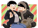  ass ass_grab black_hair black_santa_costume blush brothers denim hat heart heart_in_mouth incest jacket jeans leather leather_jacket looking_at_another male_focus matsuno_ichimatsu matsuno_karamatsu multiple_boys osomatsu-kun osomatsu-san pants sack santa_costume santa_hat seiza siblings sitting striped striped_background sweatdrop tearing_up tsumuri_(toki_gun) 