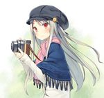  cabbie_hat camera capelet hat holding long_hair long_sleeves original pink_scarf poco_(asahi_age) red_eyes scarf shirt sidelocks smile solo strap tassel white_hair white_shirt 