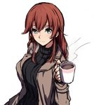  brown_hair casual coat cup green_eyes kantai_collection long_hair noshiro_(kantai_collection) sblack simple_background solo turtleneck white_background 