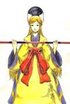  black_eyes blonde_hair bow expressionless final_fantasy final_fantasy_tactics hat holding holding_weapon lips long_hair long_sleeves mystic_(fft) polearm red_bow robe sash simple_background solo standing tassel weapon white_background wide_sleeves yamako_(yamako1125) 