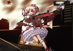  blood bloody_weapon bow bubble_skirt choker explosion gameplay_mechanics gears_of_war gloves gun hair_bow highres invader kaname_madoka kneehighs lancer_(weapon) magical_girl mahou_shoujo_madoka_magica parody pink_hair puffy_sleeves rifle running skirt solo tracer_fire two_side_up user_interface walpurgisnacht_(madoka_magica) weapon white_gloves 