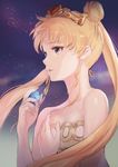  bangs bare_shoulders bishoujo_senshi_sailor_moon blonde_hair blue_eyes crescent double_bun dress earrings facial_mark flat_chest forehead_mark from_side gem hair_ornament heart highres holding jewelry long_hair looking_away maboroshi_no_ginzuishou meto31 nape neo_queen_serenity night night_sky parted_lips sky solo star_(sky) strapless strapless_dress stud_earrings tiara tsukino_usagi twintails upper_body white_dress wind 