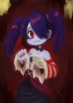  1girl blue_hair blue_skin bone clothing female frown hair hair_over_eye red_eyes skullgirls solo squigly stitches twintails_(disambiguation) undead unknown_artist zombie 