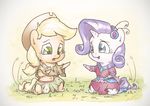  2016 applejack_(mlp) assasinmonkey blue_eyes chibi clothing cowboy_hat duo earth_pony equine female friendship_is_magic green_eyes hat horn horse jewelry mammal my_little_pony necklace pony rarity_(mlp) smile torn_clothing unicorn 