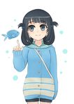  black_hair blue_eyes fish folded_hair hair_rings highres hood hooded_jacket hoodie jacket kimura_mahiro long_hair md5_mismatch nagi_no_asukara shiodome_miuna shorts solo standing twintails 