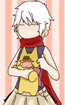  1girl =_= bad_id bad_pixiv_id cheek_pinching jitome mamaito mogeko_(mogeko_castle) mogeko_castle pinching sabitsuki scarf skirt striped striped_background tail tank_top tears white_hair 