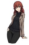 :d arm_support brown_hair casual coat cropped_legs green_eyes hand_on_hip head_tilt highres kantai_collection long_hair noshiro_(kantai_collection) open_clothes open_coat open_mouth pants ribbed_sweater sblack simple_background smile solo sweater thigh_gap turtleneck white_background 