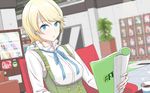  blonde_hair blue_eyes book bottle coffee earrings eire_(sai_fuji) gen'ei_ibunroku_sharp_fe jewelry open_mouth short_hair sitting solo yumizuru_eleanora 