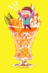  &gt;_&lt; 1boy :d arms_up bad_id bad_pixiv_id bangs blue_jacket blunt_bangs brown_hair cherry closed_eyes cream cup double_v drinking_glass food formal fruit gelatin hurricane_glass ice_cream ice_cream_float jacket long_sleeves male_focus matsuno_juushimatsu miniboy mint nadako_(hoguo_hn) necktie open_mouth orange orange_slice osomatsu-kun osomatsu-san outstretched_arms oversized_object pants simple_background smile soft_serve solo standing suit transparent v yellow_background 