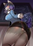  2015 anthro big_breasts blue_eyes blue_hair blush breasts buried_frog butt canine clothed clothing female fox fur hair kemono looking_back mammal open_mouth panties skirt solo standing teacher thick_thighs underwear worms-eye_view 