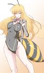  antennae bee_girl blonde_hair breasts brown_eyes carapace covered_navel gradient gradient_background honey_(monster_musume) insect_girl insect_wings long_hair medium_breasts monster_girl monster_musume_no_iru_nichijou monster_musume_no_iru_nichijou_online multiple_arms smile solo transparent_wings wings z_umeshi 