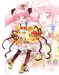  :d apple_hair_ornament bow brown_bow brown_legwear collarbone crepe food food_themed_hair_ornament food_themed_ornament full_body gongitsune_(gongitune2) hair_ornament highres looking_at_viewer open_mouth orange_hair_ornament original personification pink_eyes pink_hair pocketland shoes short_hair skirt smile solo standing strawberry_hair_ornament thighhighs twintails v_arms yellow_footwear yellow_skirt zoom_layer 