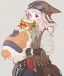  animal animal_hat bandaid bandaid_on_face belt black_gloves calico cat cat_hat eating facial_mark fat_cat_(ff14) final_fantasy final_fantasy_xiv fingerless_gloves food food_in_mouth food_on_face gloves goggles goggles_on_headwear hat holding holding_animal long_hair miqo'te mouth_hold pouch purple_eyes sandwich scratches vest wagashi_(goma_dango) white_hair 