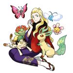  androgynous bad_id bad_pixiv_id bellossom blonde_hair cherrim crossover full_body fur_trim gen_1_pokemon gen_2_pokemon gen_3_pokemon gen_4_pokemon gen_6_pokemon green_eyes hanamura_shouma idolmaster idolmaster_side-m japanese_clothes kimono leafeon long_hair male_focus meowth parody pink_wings poke_ball pokemon pokemon_(creature) pokemon_(game) sandals smile style_parody sugimori_ken_(style) swablu tabi vivillon wavy_hair wings youhe_hino 