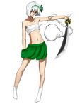  bad_id bad_pixiv_id doemon flat_chest full_body ghost green_eyes green_hairband hairband highres katana konpaku_youmu konpaku_youmu_(ghost) navel no_shirt sarashi short_hair silver_hair skirt socks solo sword tabi touhou transparent_background weapon 