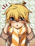  1boy :&lt; aqua_eyes blonde_hair blush face glasses kagamine_len male_focus mukkun scarf solo upper_body vocaloid 