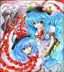  bad_id bad_pixiv_id blue_hair food fruit hat hinanawi_tenshi holding_hands long_hair multiple_girls nagae_iku peach red_eyes sakurai_tamako shikishi short_hair touhou 