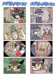  1boy 3girls 4koma black_hair black_wings bow braid breast_padding briefcase camera colonel_aki comic detached_sleeves green_eyes green_hair hair_bow hakurei_reimu hammer hat izayoi_sakuya kochiya_sanae morichika_rinnosuke multiple_4koma multiple_girls pads paparazzi peeping shameimaru_aya short_hair silent_comic silver_hair sunglasses tears tokin_hat touhou translated trash trench_coat twin_braids waraningyou wings 