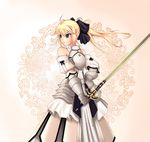  armor armored_dress artoria_pendragon_(all) bad_id bad_pixiv_id blonde_hair blue_eyes bow caliburn dress fate/stay_night fate/unlimited_codes fate_(series) ponytail rinbukyoku saber saber_lily solo sword weapon 