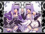  blush breasts cleavage darkmaya dream_c_club dream_c_club_(series) dual_persona eyepatch garters holding_hands large_breasts long_hair mari_(dream_c_club) multiple_girls purple_eyes purple_hair thighhighs time_paradox wings zettai_ryouiki 