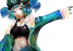  adapted_costume bad_id bad_pixiv_id blue_eyes blue_hair crop_top hair_bobbles hair_ornament hat inoe_(noie) kawashiro_nitori key midriff mouth_hold navel short_hair solo sports_bra touhou twintails two_side_up 