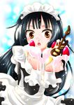  akiyama_mio alternate_costume bad_id bad_pixiv_id black_hair cake enmaided food fruit guitar icing instrument k-on! long_hair maid nika_(intention) orange_eyes solo strawberry 