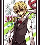  bad_id bad_pixiv_id blonde_hair bow bowtie cigarette durarara!! formal heiwajima_shizuo male_focus no_symbol open_collar road_sign robosuke sign smoke solo sunglasses veins vest 