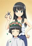  bare_shoulders black_hair casual closed_eyes flower green_eyes hair_flower hair_ornament hand_on_hip head_wreath kayaku_(banban) long_hair multiple_girls saten_ruiko scissors shears short_hair to_aru_kagaku_no_railgun to_aru_majutsu_no_index uiharu_kazari 