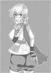  1girl ass breasts elbow_gloves erect_nipples female final_fantasy final_fantasy_xiii fingerless_gloves from_behind gloves lightning_(ff13) lightning_farron long_hair looking_back miniskirt monochrome shijima_(pixiv1182172) simple_background skirt solo 