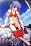  absurdres amane_sou barefoot bikini blush cloud day double_bun front-tie_top highres hime_x_hime legs long_hair open_mouth palm_tree purple_hair red_bikini scan side-tie_bikini sitting sky solo swimsuit takamura_honami tree twintails undressing yellow_eyes 