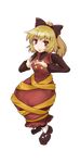  absurdres blonde_hair brown_eyes buttons cat's_cradle dress full_body hair_ribbon hands highres kurodani_yamame mogura open_mouth ribbon shoes solo touhou transparent_background 