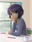  bad_id bad_pixiv_id blue_eyes blue_hair chin_rest coffee cup digital_media_player glasses headphones hidamari_sketch highres ipod paper pencil sae saucer siraha solo wooden_pencil 