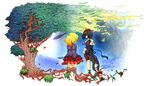  1girl bad_id bad_pixiv_id black_hair blonde_hair flower kanon_(umineko) kaza:nagi ponytail ribbon skirt tree umineko_no_naku_koro_ni ushiromiya_jessica 