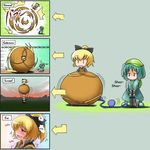  &gt;_&lt; 4koma [] balloon bicycle_pump blonde_hair blush blush_stickers bow bucket chibi closed_eyes comic dig_dug duplicate explosion floating green_hair hair_bow hard_translated hat hose in_bucket in_container inflation katamari_damacy kawashiro_nitori kisume kurodani_yamame mountain multiple_girls orgasm pump rolling touhou translated |_| 