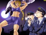  2boys abs armpits arms_up belt bike_shorts blonde_hair blue_eyes braid breasts cleavage clenched_teeth covered_nipples crop_top giantess glasses hat holding large_breasts long_hair midriff moon multiple_boys muscle necktie night omc outdoors police police_uniform robot sky sports_bra sweat teeth type43 uniform 