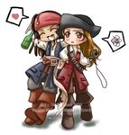  1girl belt blush boots bottle brown_eyes brown_hair chibi closed_eyes compass drunk elizabeth_swann facial_hair grin hairlocs hat headband heart hug jack_sparrow long_hair lowres mustache pirate pirates_of_the_caribbean sandra_chiem smile watermark 