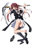  airi_(queen's_blade) apron ass black_legwear breasts green_eyes hair_ribbon long_hair looking_at_viewer looking_back lying maid maid_apron maid_headdress medium_breasts panties queen's_blade red_hair ribbon scythe shiny shiny_hair shiny_skin shoes simple_background single_shoe single_thighhigh sock_dangle solo ss-brain thighhighs twintails underwear white_background white_panties 