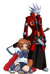  animal_ears aq_interactive arc_system_works arcana_heart atlus blazblue crossover dog_ears dog_tail examu gym_uniform konoha konoha_(arcana) konoha_(arcana_heart) lowres ninja ragna_the_bloodedge sword tail weapon white_hair 