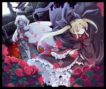  ahoge bad_id bad_pixiv_id blazblue blonde_hair bow braid dress eyepatch flower hair_ribbon long_hair multiple_girls nejime nu-13 rachel_alucard red_bow red_eyes ribbon rose silver_hair twintails 