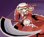  black_eyes black_nails blonde_hair curly_hair dress elly empty_eyes foreshortening frills hat holding holding_scythe nail_polish scythe short_hair smile solo touhou touhou_(pc-98) uiru weapon wide_sleeves 