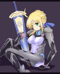  ahoge armor artoria_pendragon_(all) avalon_(fate/stay_night) blonde_hair bodysuit breasts commentary_request excalibur fate/stay_night fate_(series) green_eyes grey_bodysuit hair_bun hair_ornament hair_ribbon happy_birthday highres holding legs medium_breasts muvluv muvluv_alternative parody pilot_suit ribbon saber sheath sheathed shirt sitting smile solo sword taut_clothes taut_shirt tipo_(tipoplaza) weapon 